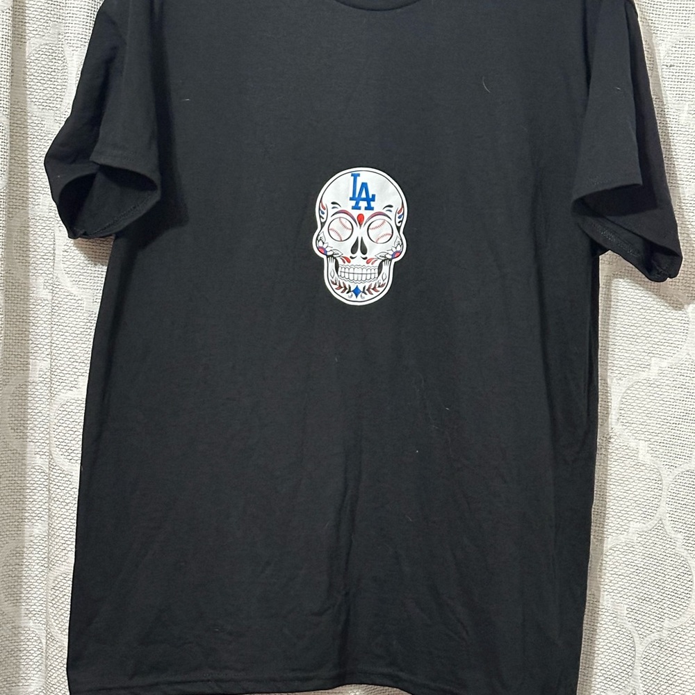 Gildan Black Tee with White Skull and Blue LA Accent